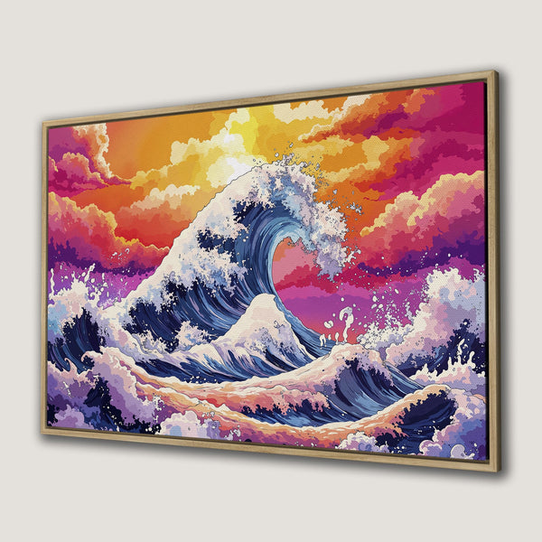 Framed Wall Art: Vibrant wave art Canvas Print in a colorful palette of blues, pinks, and oranges. Perfect coastal decor for your home.