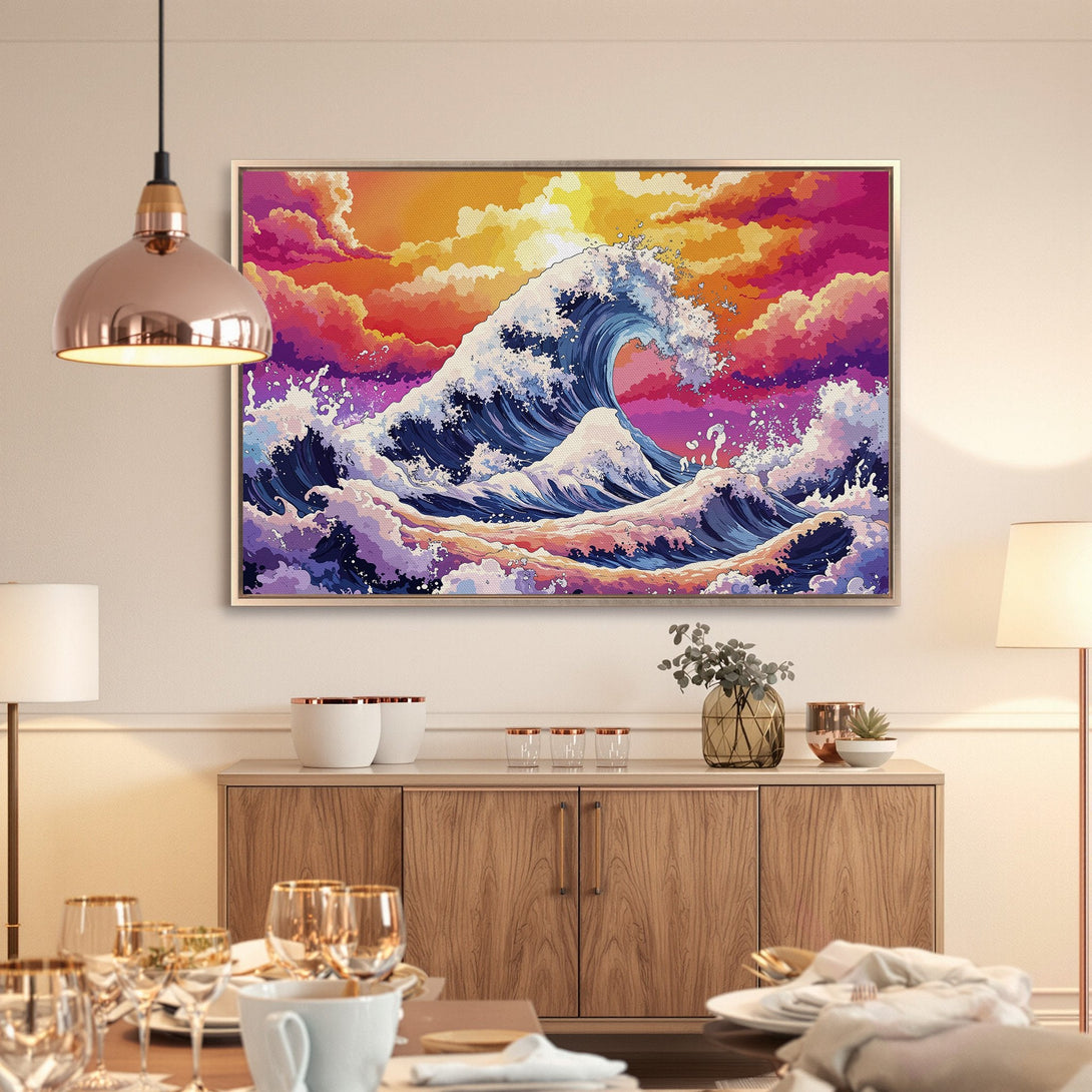 Framed Wall Art: Vibrant wave art in a colorful sunset palette. Transform your space with this stunning canvas print!