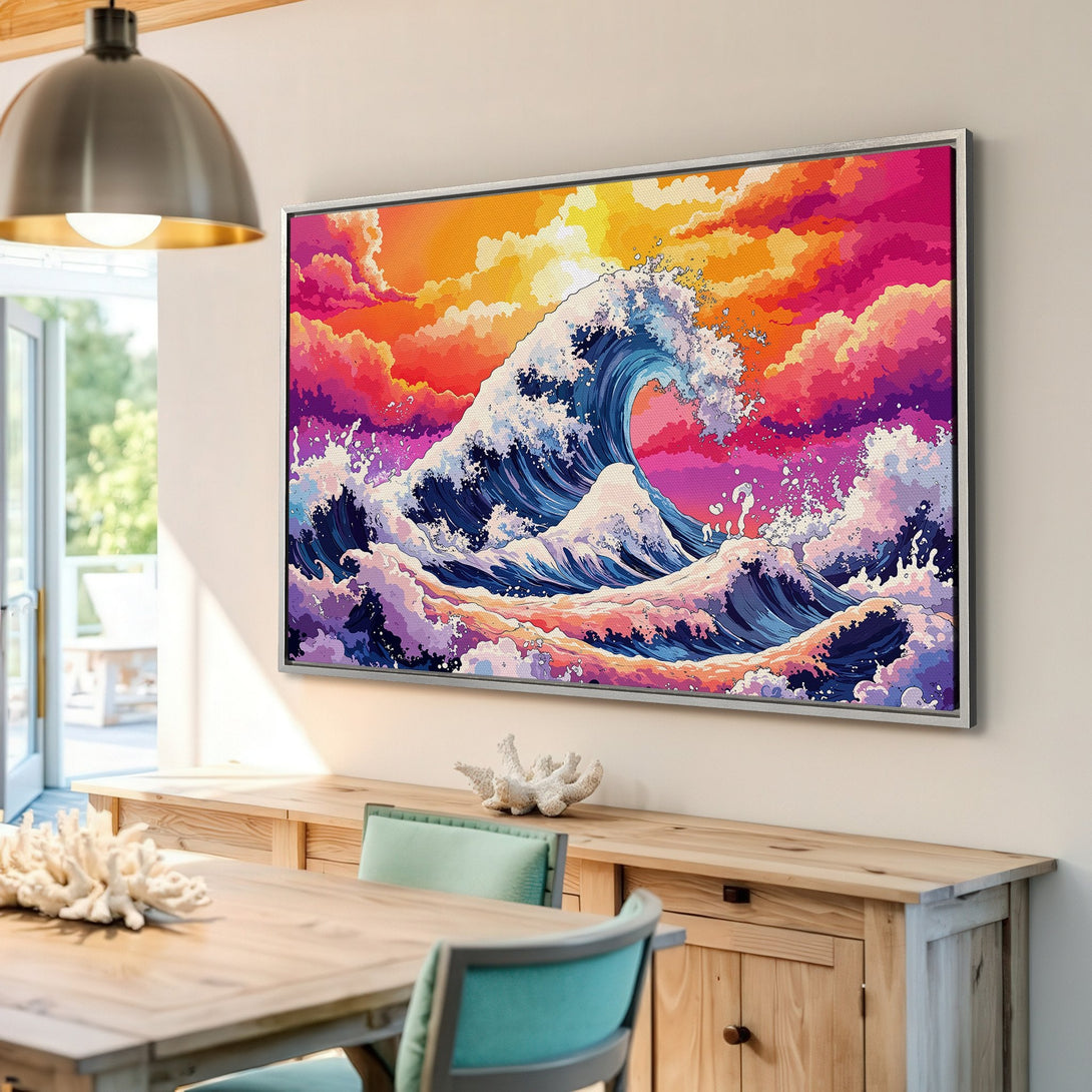 Framed Wall Art featuring a vibrant wave illustration in a colorful palette of blues, pinks, and oranges. Perfect for adding a pop of art to your space!