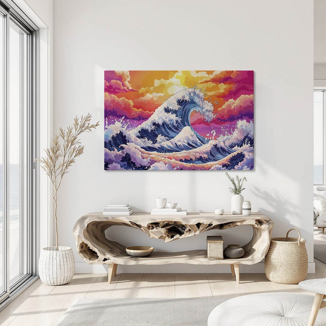 Framed Wall Art: Vibrant wave art in a colorful sunset palette. Modern, stylish canvas print perfect for coastal decor. Bring the ocean's beauty home!