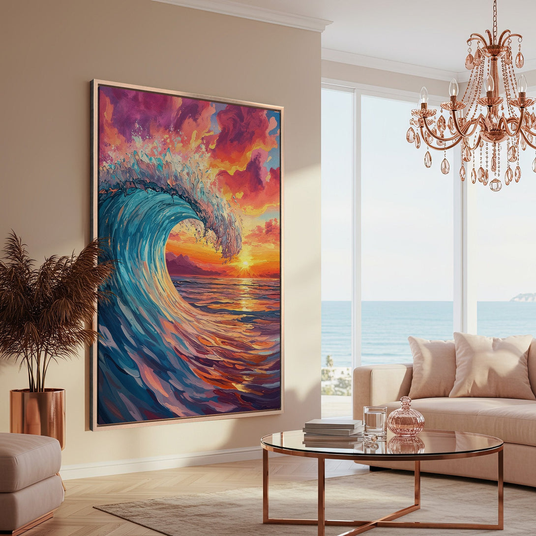 Framed Wall Art featuring a vibrant wave painting in a modern interior. Stunning ocean art with a warm, sunset color palette. Perfect coastal decor!