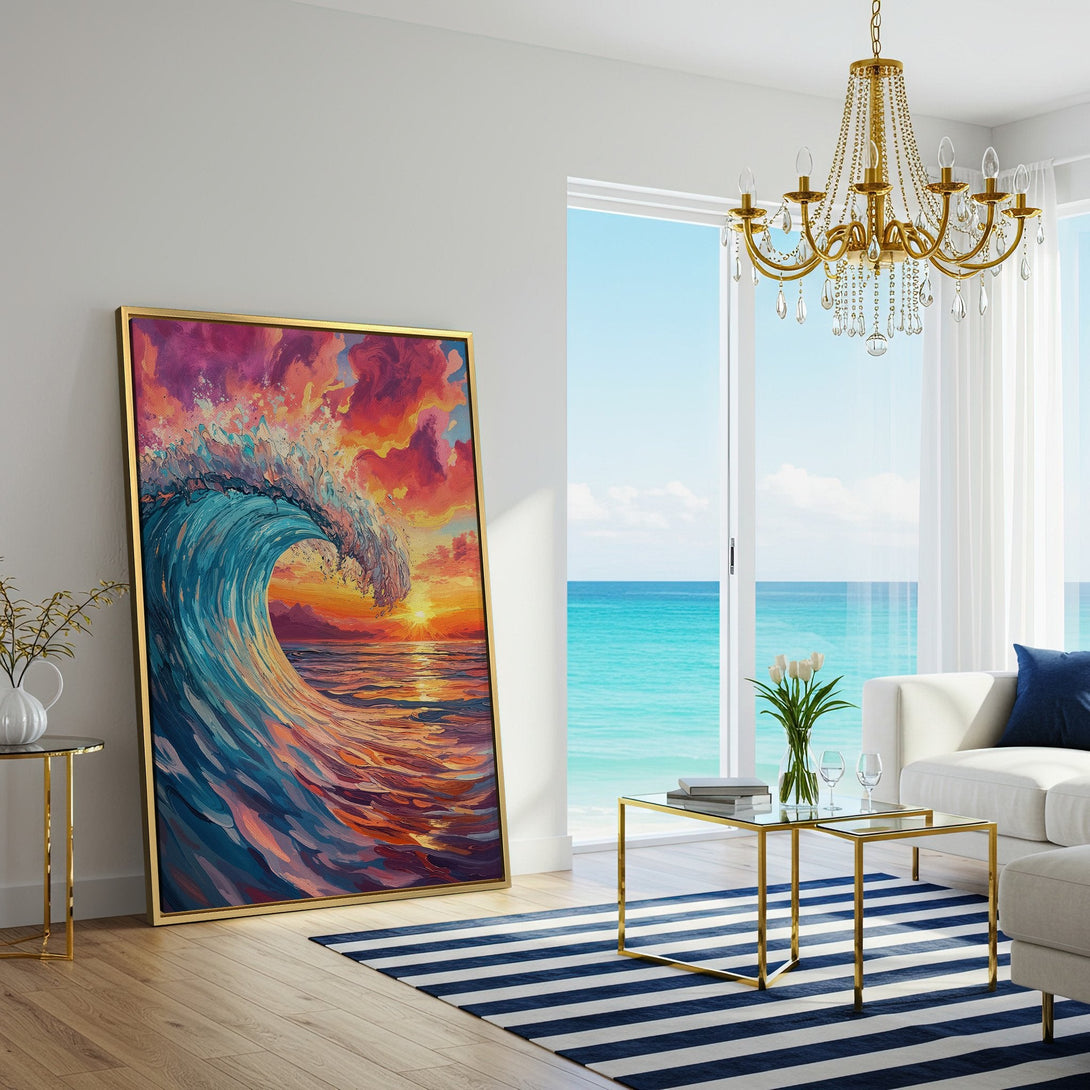 Canvas Print of a vibrant ocean wave painting in a modern interior. Features a warm sunset color palette. Perfect wall art for coastal decor.
