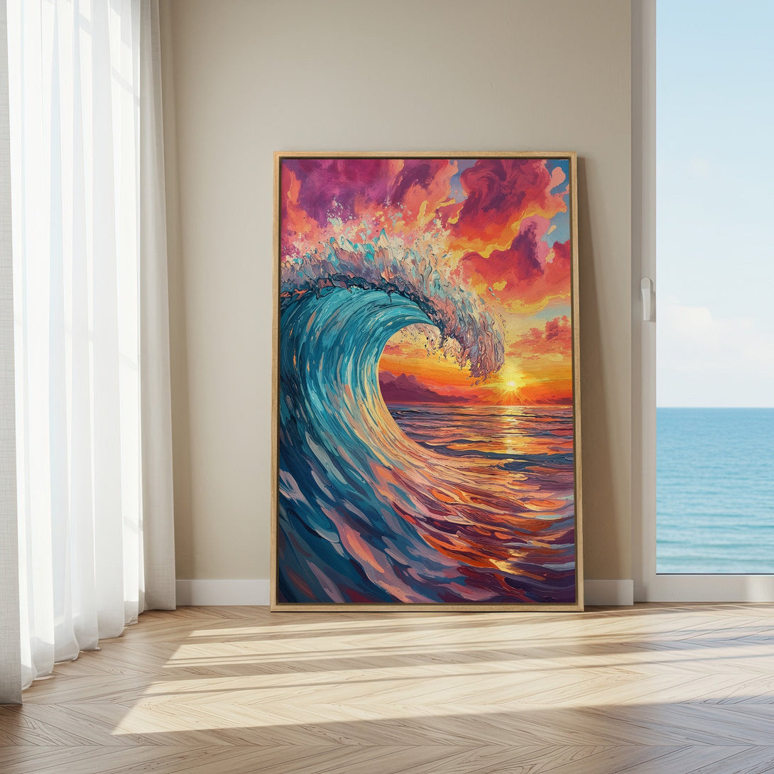 Framed Wall Art Canvas Print of a vibrant ocean wave at sunset. Colorful, impressionistic style with blues, oranges, and purples. Perfect coastal decor.