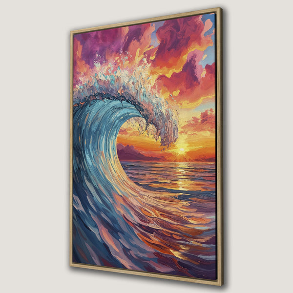 Framed Wall Art: Stunning wave art in vibrant blues, oranges, and purples. Coastal sunset painting adds a touch of serenity and style to any room. Get yours today!