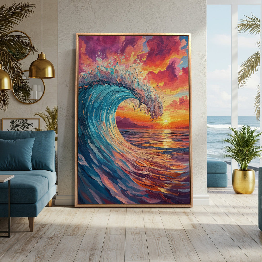 Framed Wall Art: Stunning wave painting in vibrant blues, oranges, and pinks. Perfect coastal decor for your home, adding a touch of art and serenity.