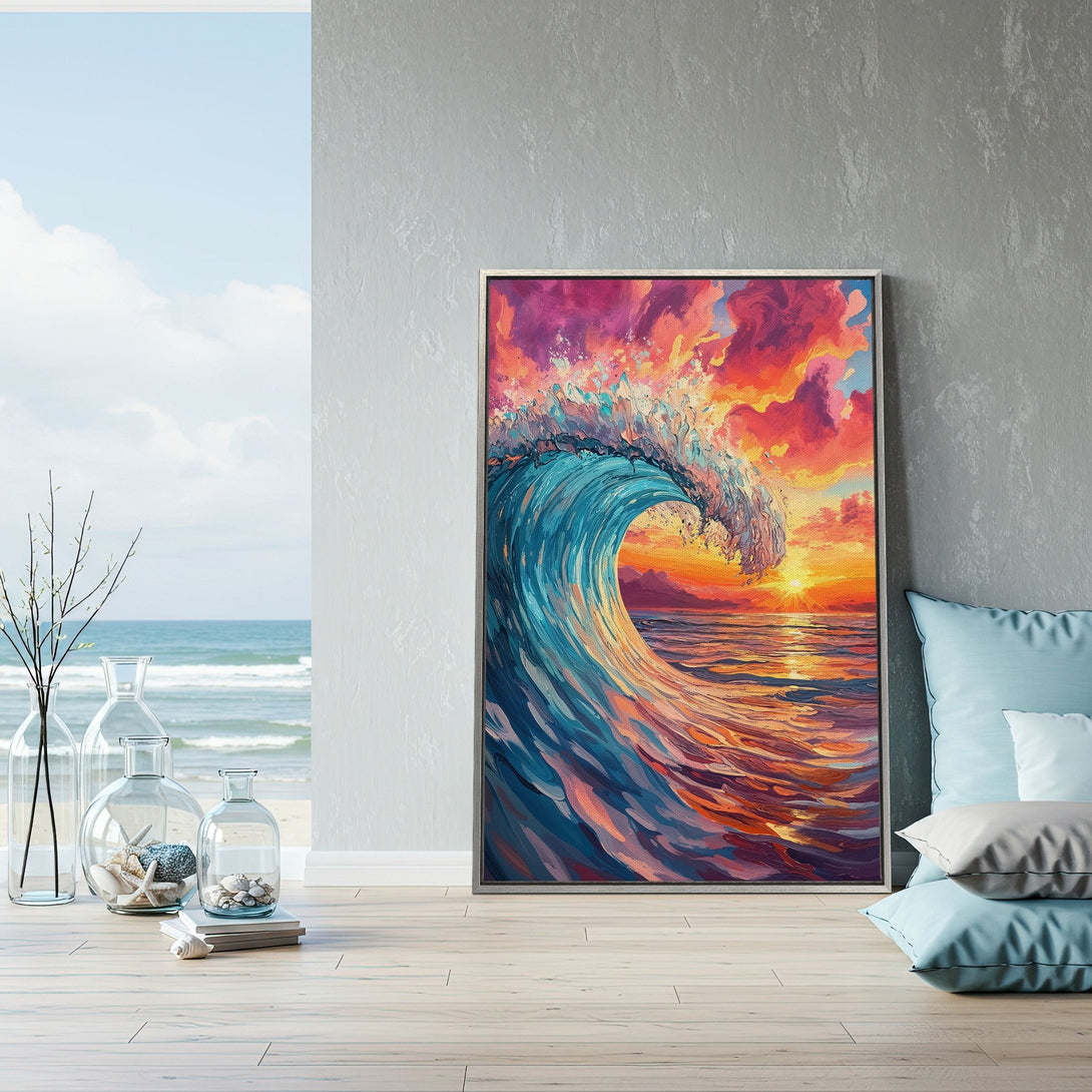 Framed Wall Art: Vibrant wave art in a coastal interior. Colorful sunset hues of blue, orange, and pink. Perfect for beach house decor.