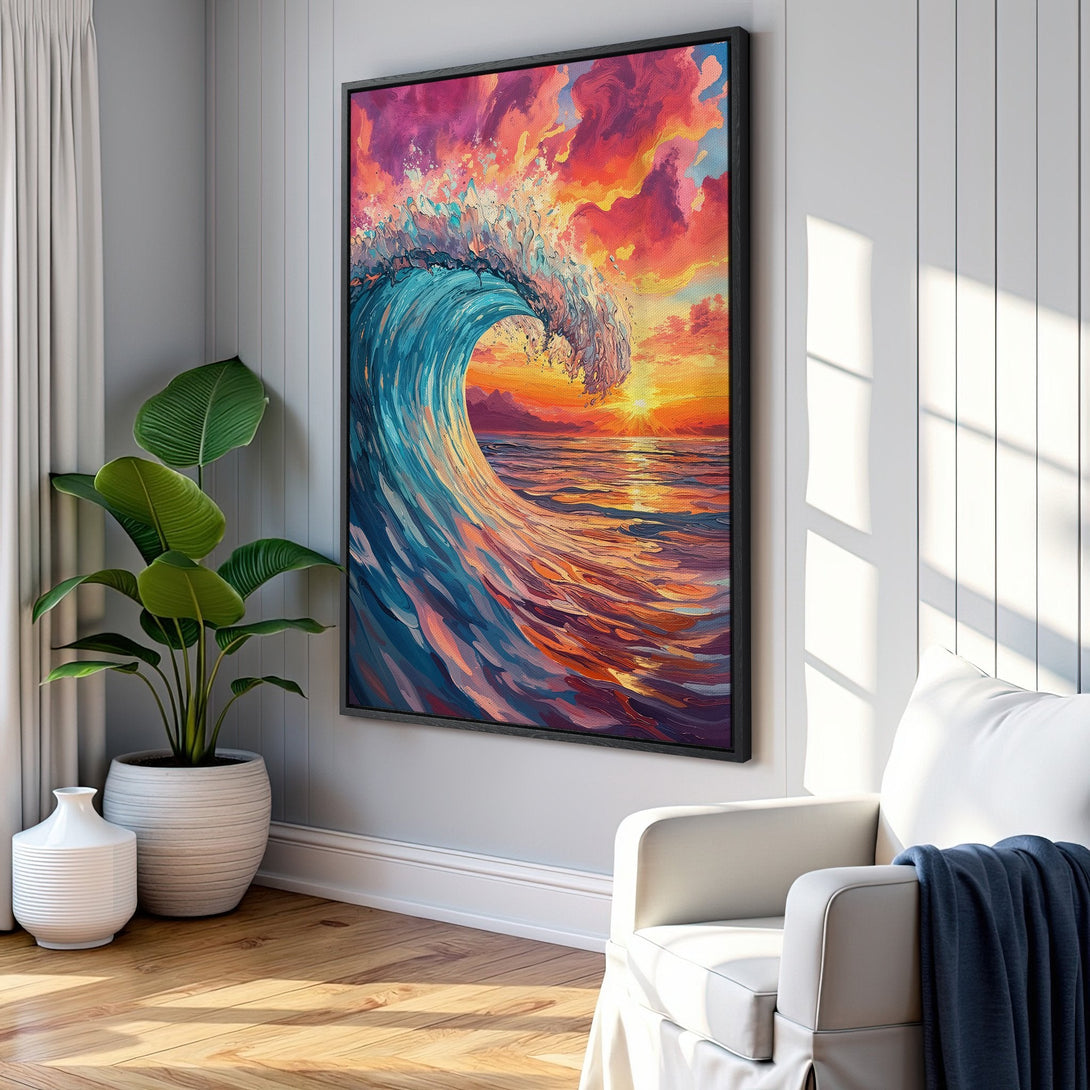 Framed Wall Art featuring a vibrant wave painting in a warm, sunset color palette. Coastal decor for a calming living room.