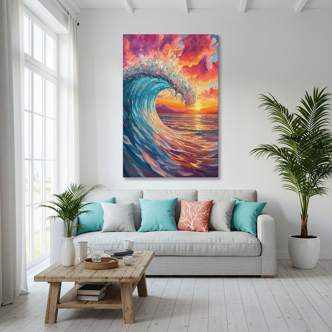 Framed Wall Art: Vibrant ocean wave painting in a coastal living room. Features a colorful sunset palette with blues, oranges, and pinks. Perfect for beach decor.