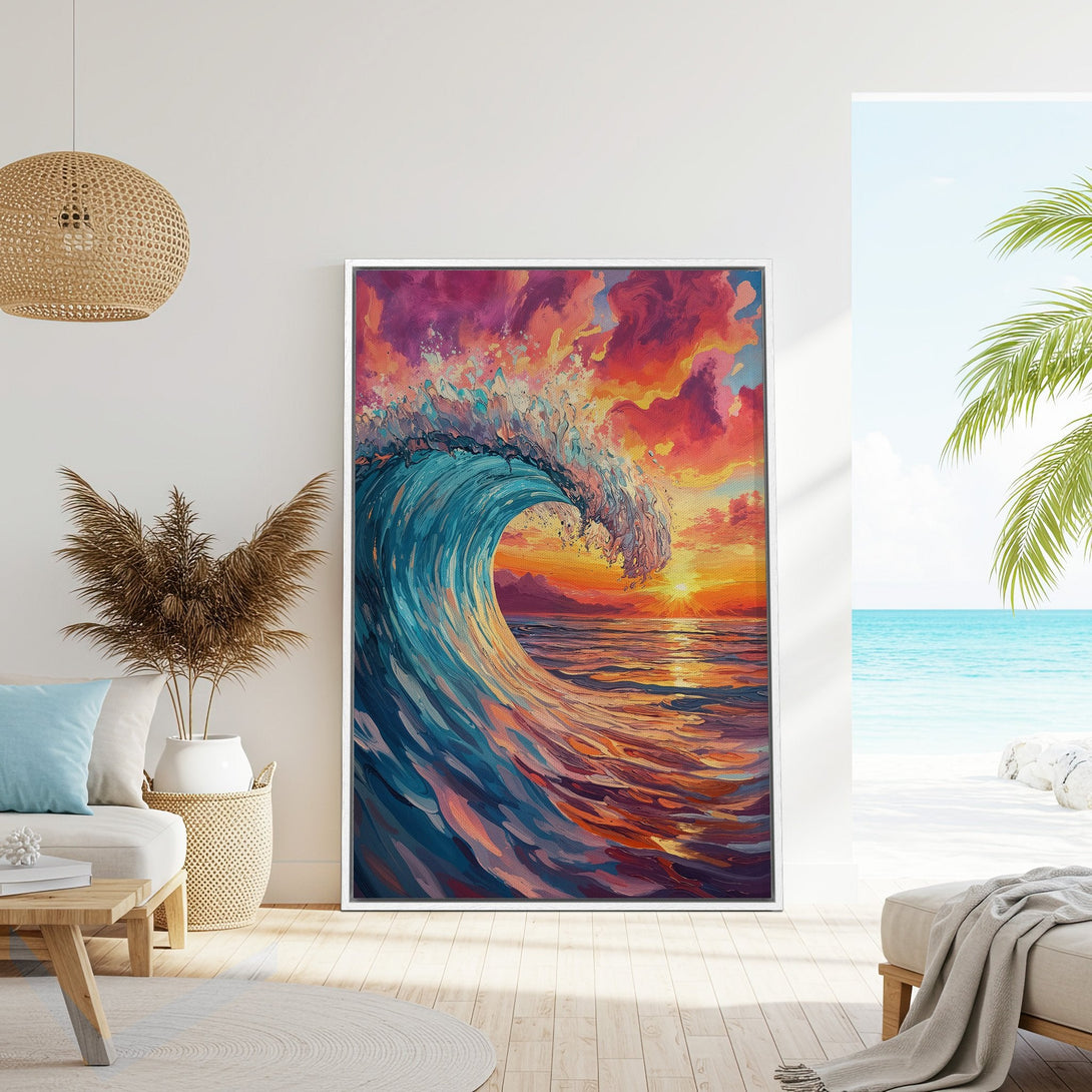 Framed Wall Art: Stunning ocean wave art in vibrant sunset colors. Modern, colorful canvas print adds a coastal vibe to any space. Shop now!