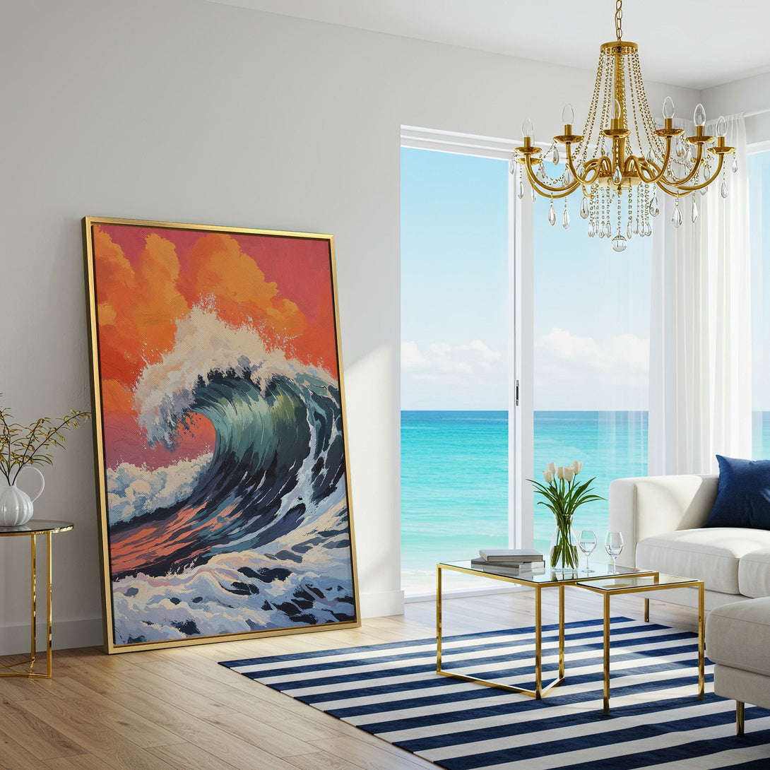 Canvas Print of a vibrant ocean wave painting in a modern living room. Features teal, orange, and blue color palette. Perfect wall art!
