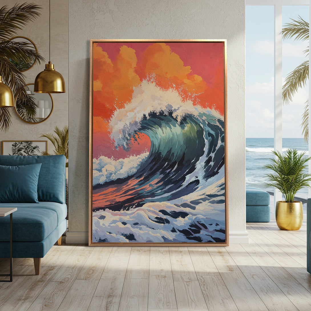 Framed Wall Art: Dramatic wave painting in a coastal interior. Features a vibrant color palette of blues, oranges, and teal. Perfect for adding a splash of art.