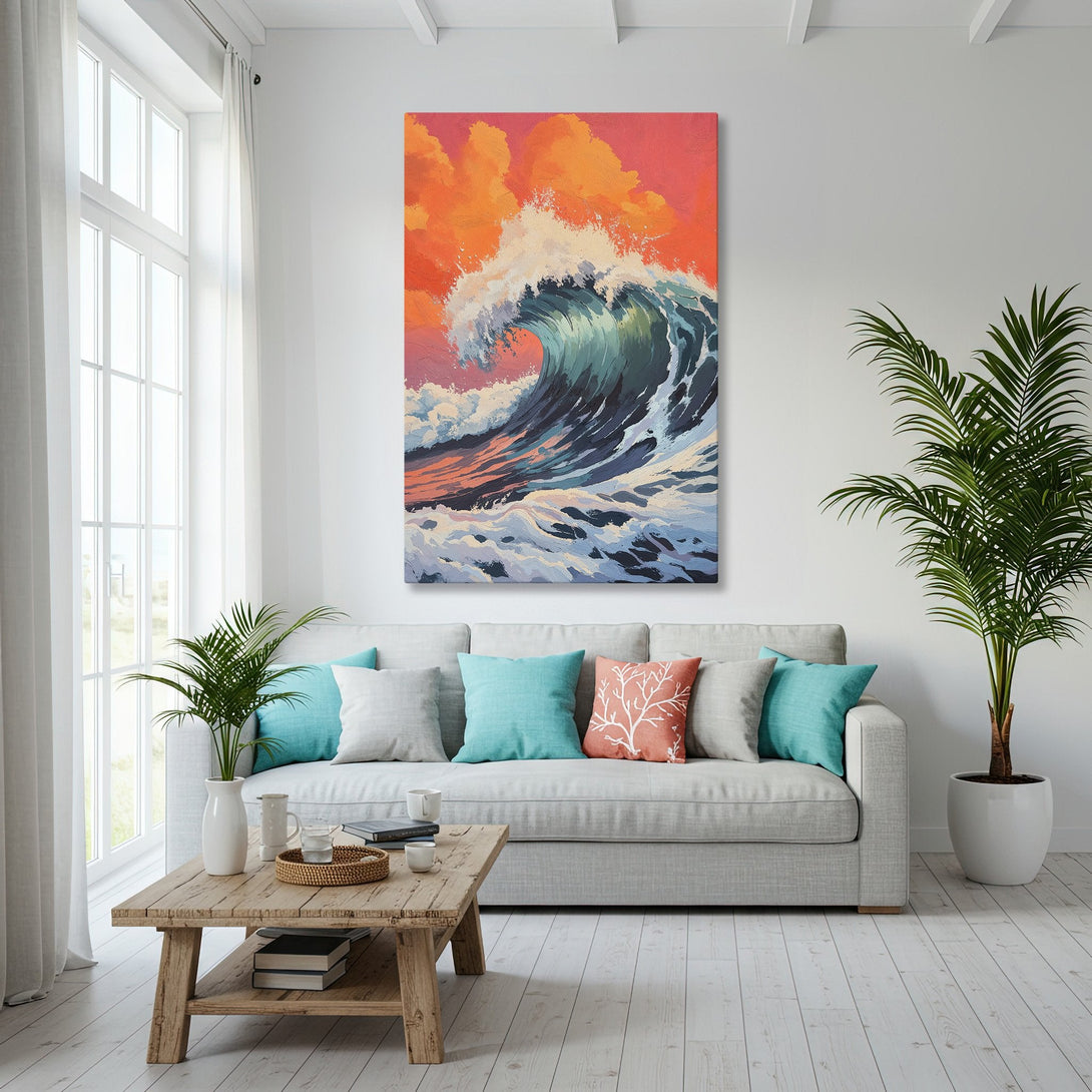 Framed Wall Art: Coastal wave painting in a living room. Features a vibrant orange, blue, and white color palette. Perfect for beach house decor!