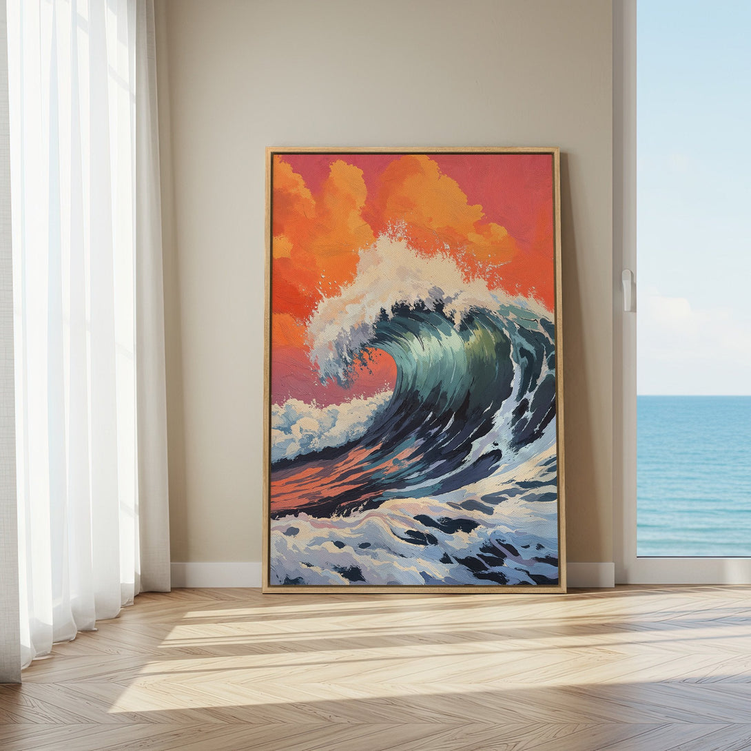 Framed Wall Art: Dramatic wave painting in vibrant teal, orange, and pink hues. Coastal art, perfect for adding a splash of color and energy to your space.