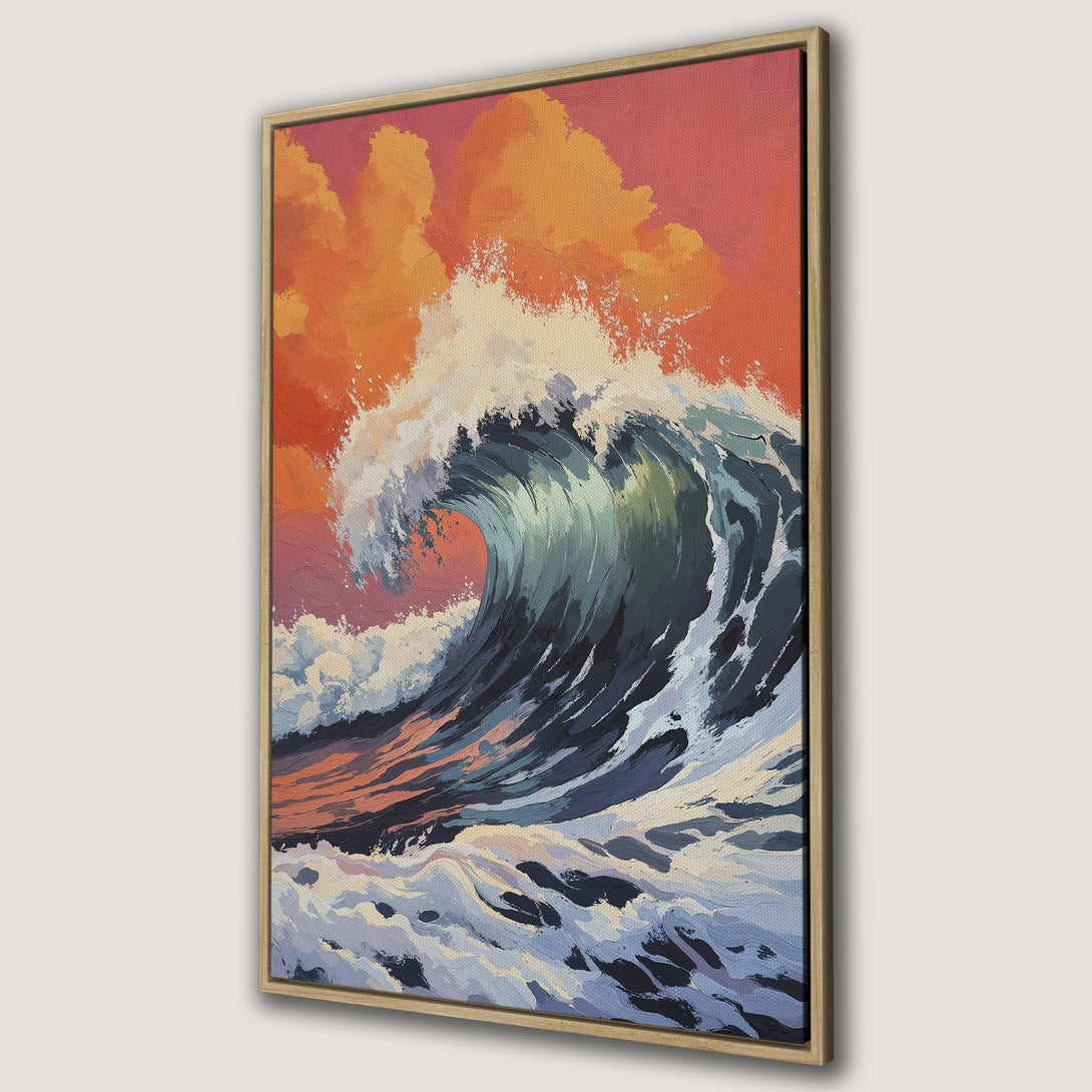 Framed Wall Art: Dramatic ocean wave painting in a vibrant color palette of blues, oranges, and pinks. Add coastal vibes to your home!