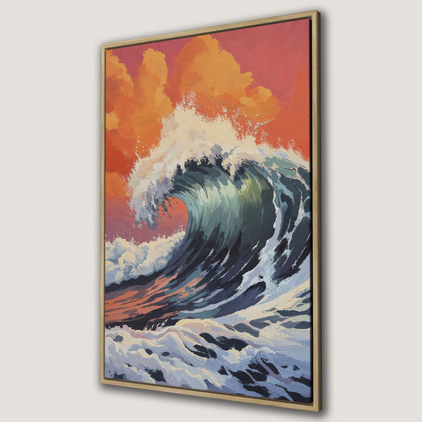 Framed Wall Art: Dramatic ocean wave painting in a vibrant color palette of blues, oranges, and pinks. Add coastal vibes to your home!