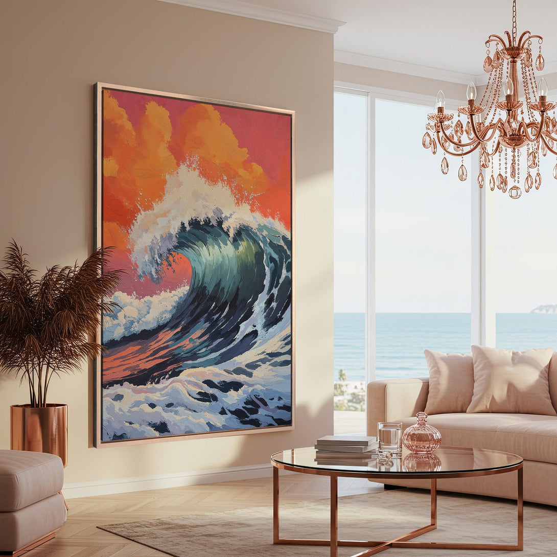 Framed Wall Art: Stunning ocean wave art in a modern style. Featuring a vibrant palette of orange, teal, and blue. Perfect for coastal decor and home styling.