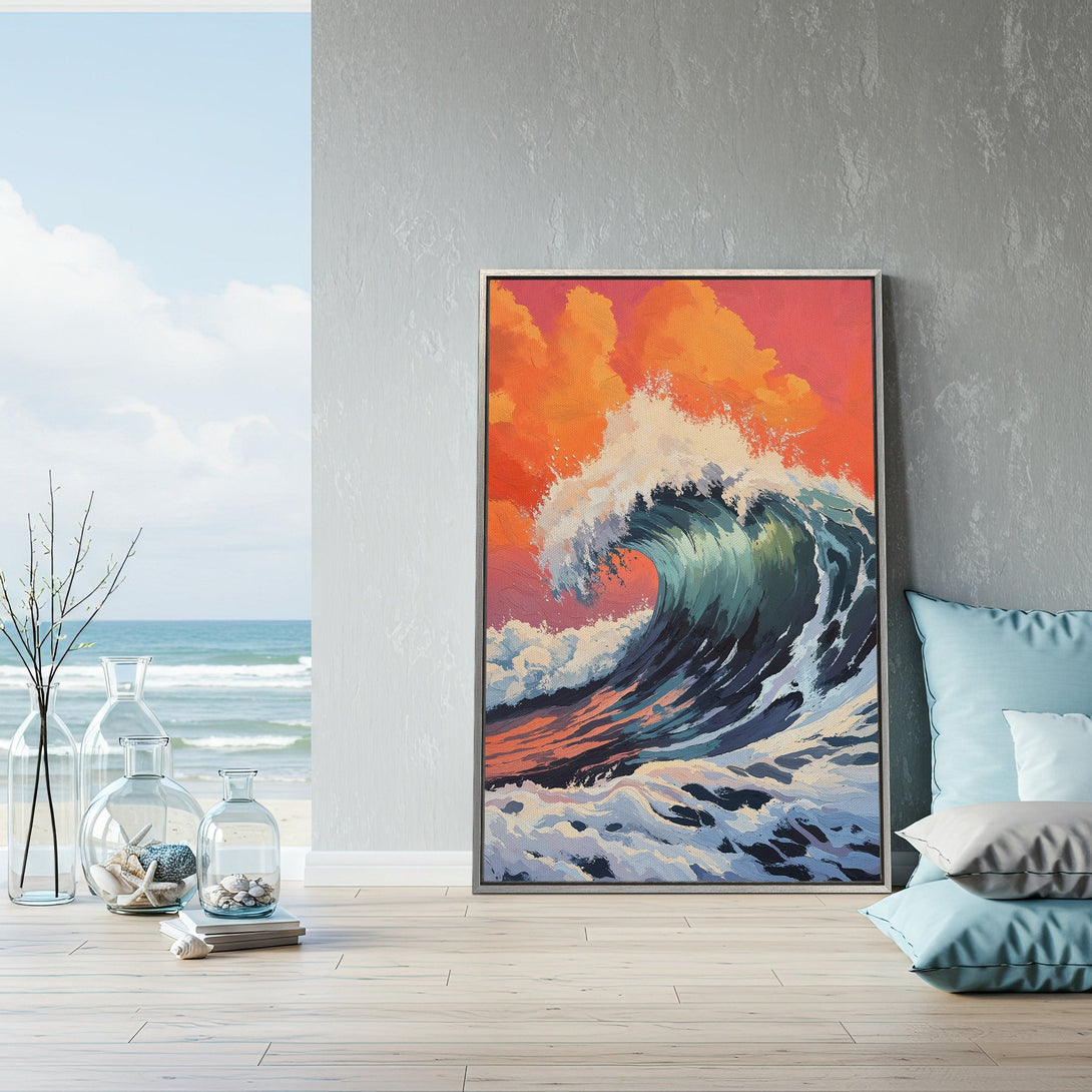 Framed Wall Art: Dynamic wave painting in vibrant orange, teal, and blue hues. Coastal-inspired art for your home. Enhance your decor with this beautiful canvas print.