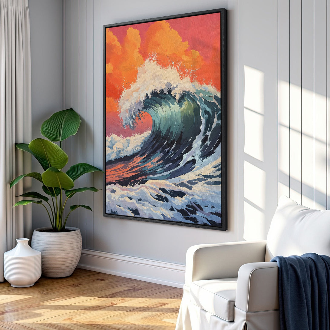 Framed Wall Art: Dramatic wave painting in a coastal style with a vibrant orange, teal, and blue color palette. Perfect for adding a touch of art to your home.