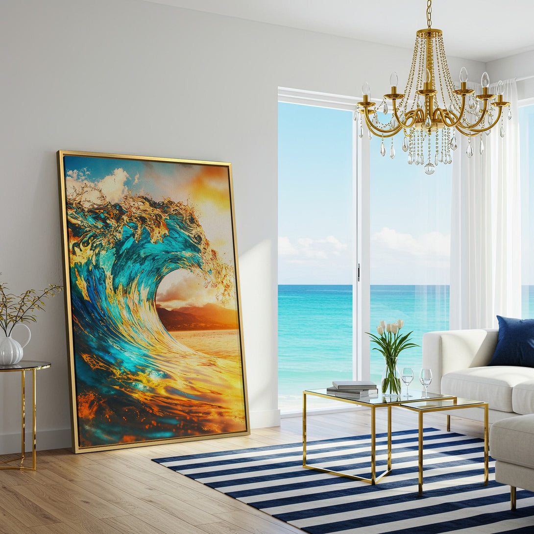 Canvas Print of a vibrant ocean wave in teal, gold, and orange, displayed in a modern living room. Coastal wall art for a relaxing vibe.