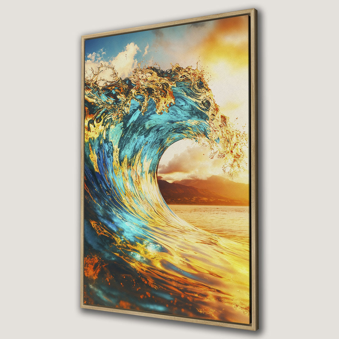 Framed Wall Art Canvas Print of a stunning ocean wave. Features a vibrant color palette of blues, golds, and oranges, capturing the beauty of the sea.