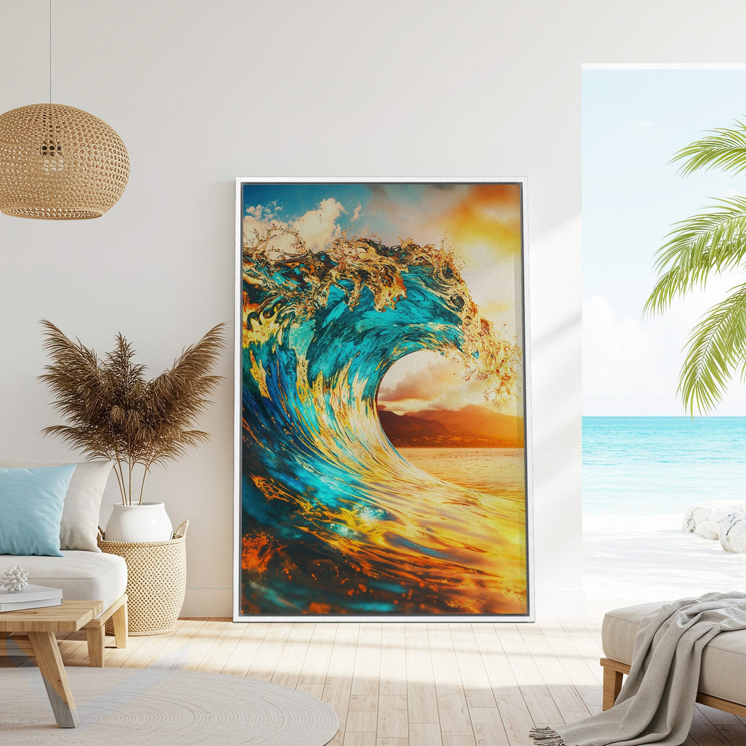 Framed Wall Art: Stunning ocean wave canvas print in vibrant teal and gold hues. Coastal decor perfect for adding a touch of paradise to your home.