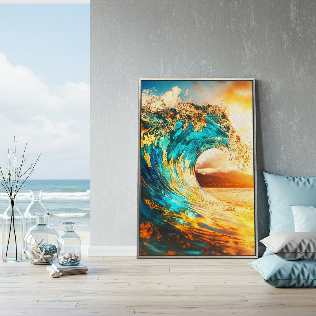 Framed Wall Art of a crashing ocean wave. Vibrant turquoise, gold, and orange color palette. Coastal decor perfect for any space.