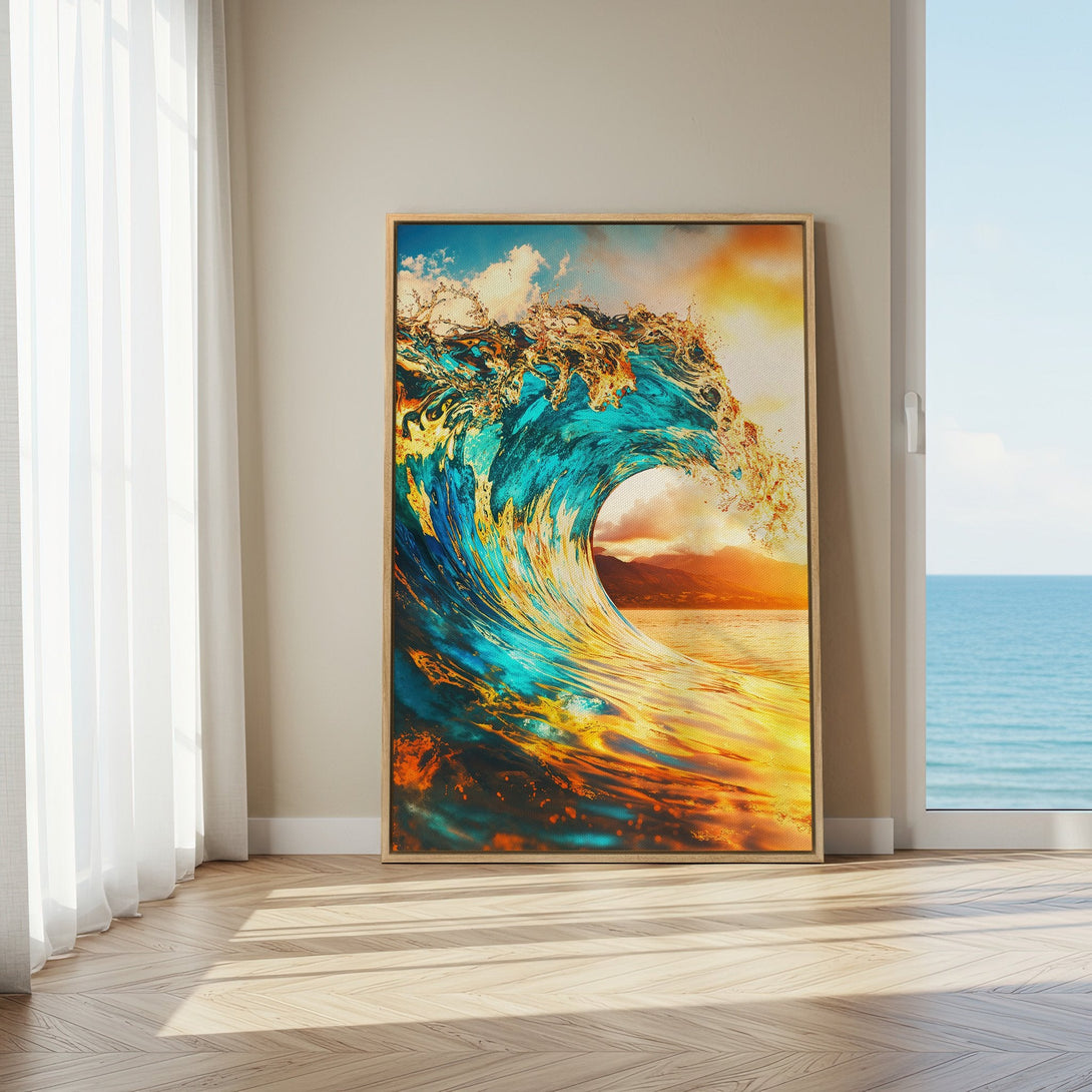 Framed Wall Art: Stunning wave art print in vibrant blue, gold, and orange. Coastal decor for a serene home. Transform your space with this canvas print.