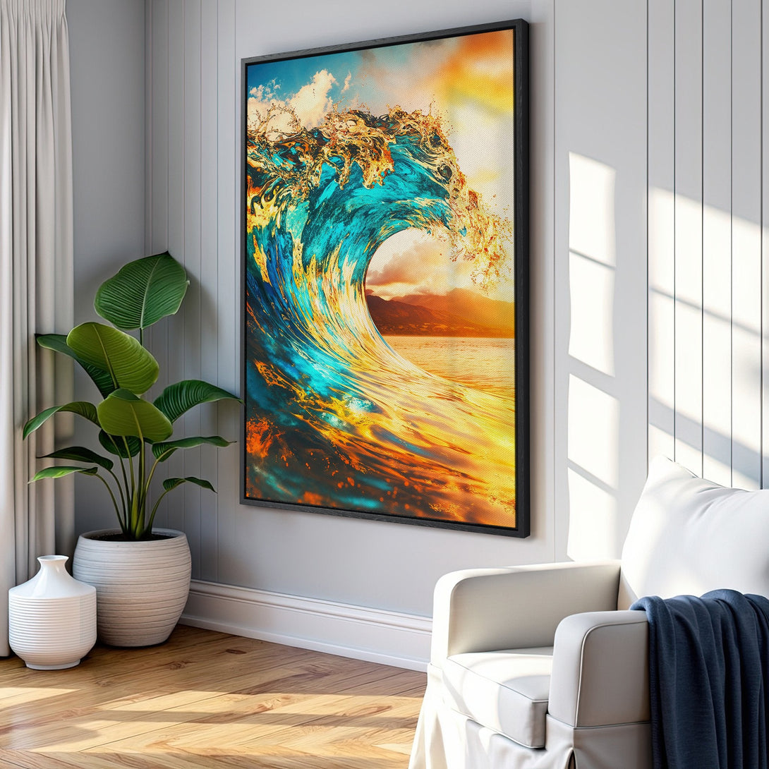 Framed Wall Art featuring a vibrant ocean wave in teal, gold, and orange hues. Coastal art perfect for adding a splash of color and style to your home decor.