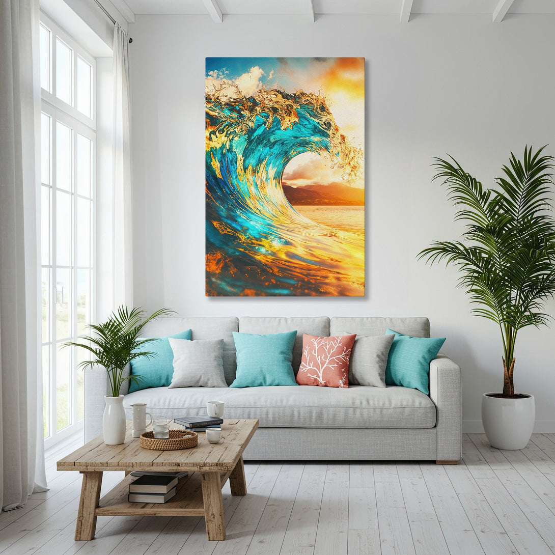 Framed Wall Art: Coastal wave canvas print in a modern interior. Features vibrant blues, golds, and oranges, perfect for adding a touch of the ocean to your home.