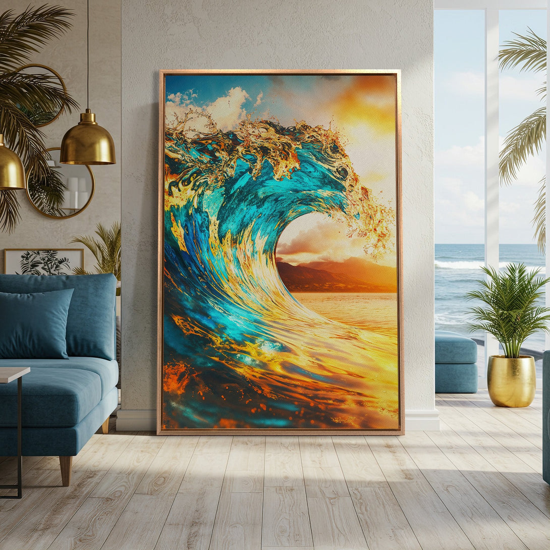 Framed Wall Art: Stunning wave art canvas print in a modern interior. Features vibrant blues, golds, and oranges. Perfect coastal decor for your home.