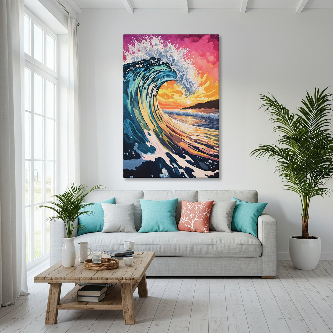 Framed Wall Art: Coastal wave art print with vibrant blues, pinks, and oranges. Perfect for beach house decor, adding a pop of color and style to any room.