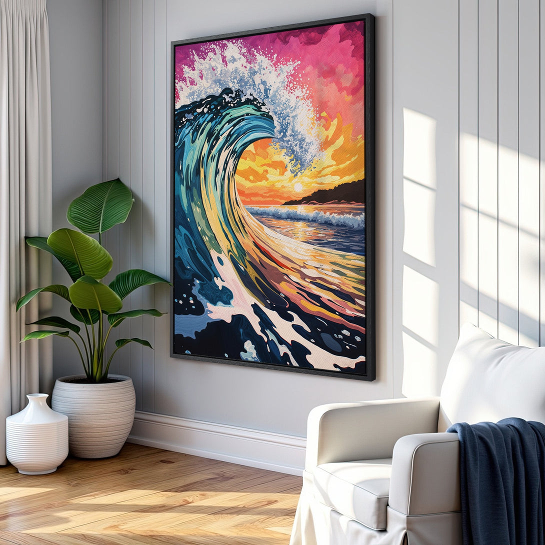 Framed Wall Art: Vibrant wave art in a modern style with a colorful sunset palette. Perfect beach house decor! Canvas print adds coastal vibes to any room.