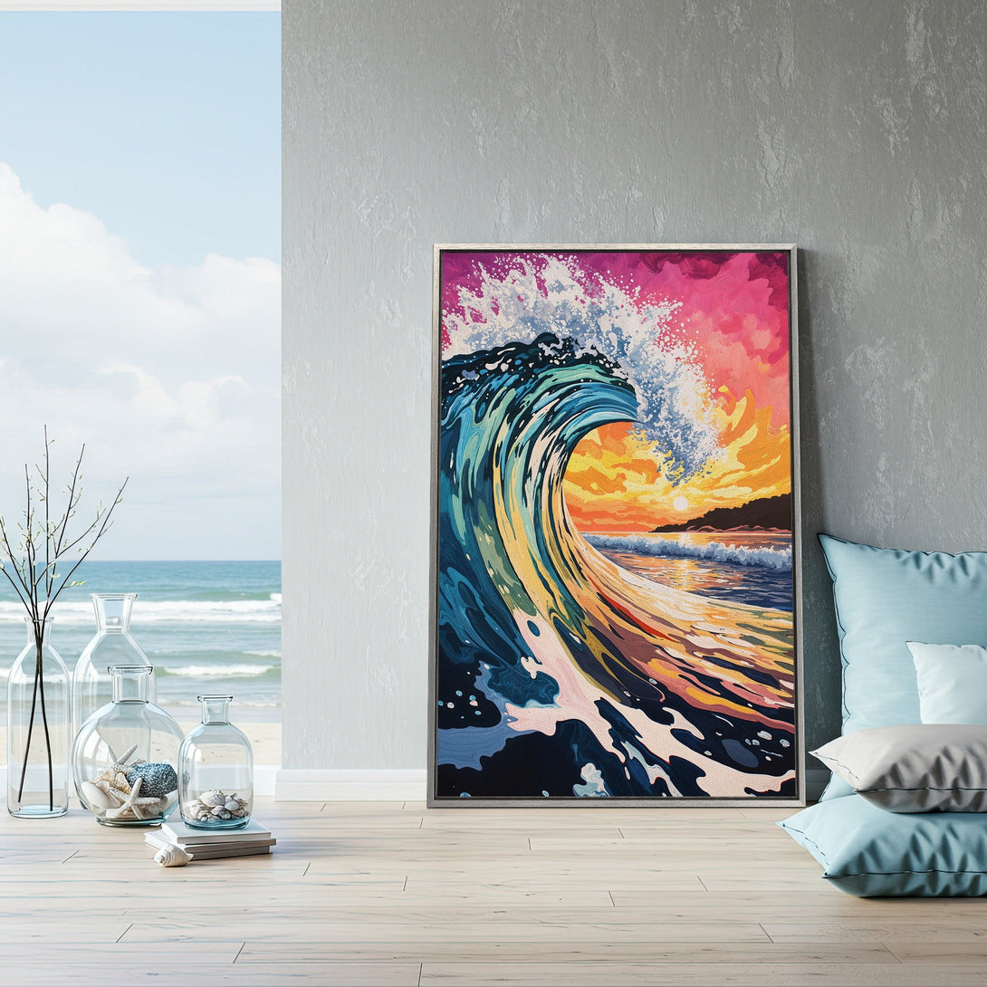 Framed Wall Art featuring a vibrant wave painting with a sunset palette. Coastal decor inspiration for your home.
