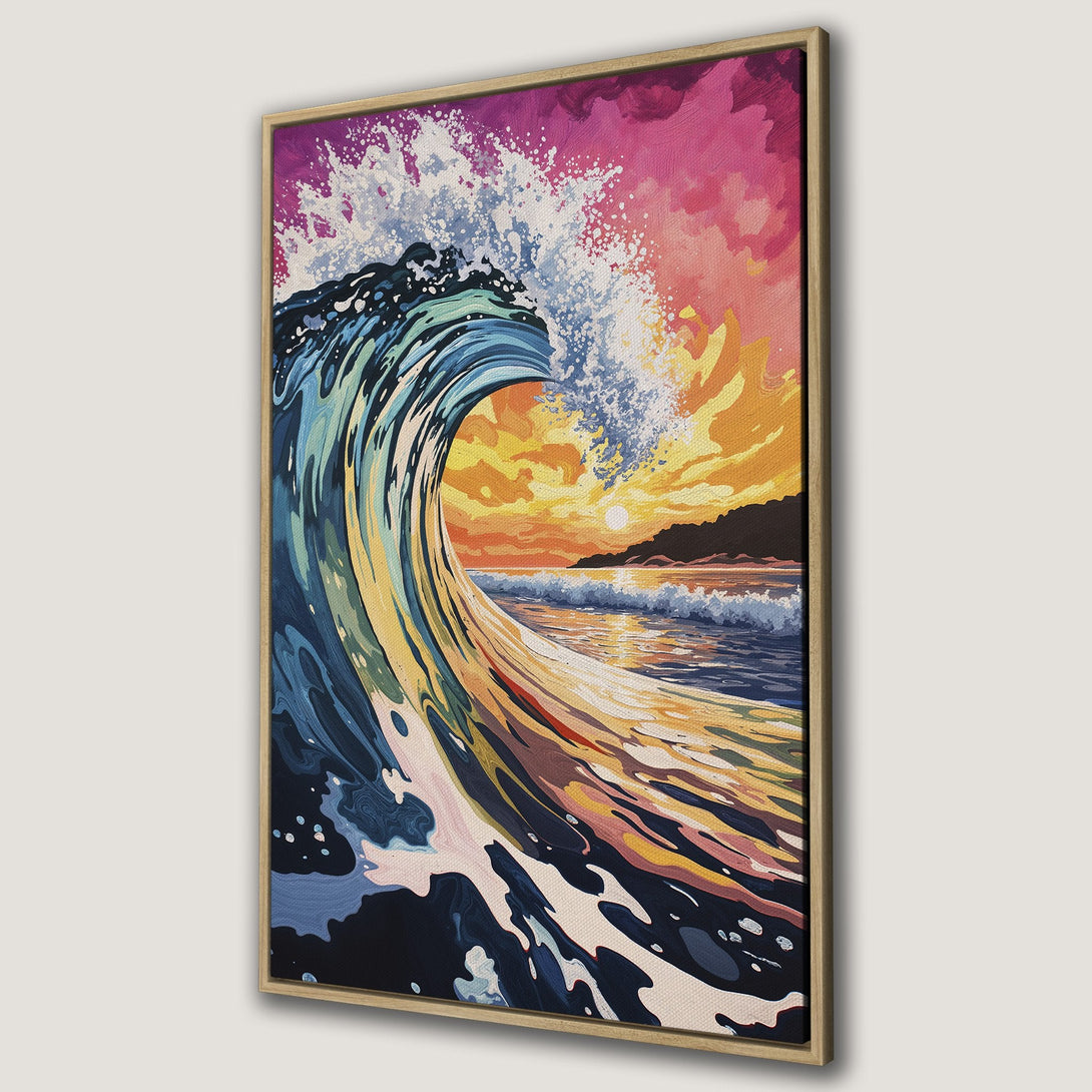 Framed Wall Art Canvas Print of a vibrant ocean wave at sunset. Colorful art with blues, yellows, and pinks. Perfect coastal decor!