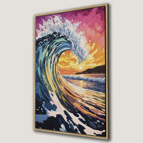 Framed Wall Art Canvas Print of a vibrant ocean wave at sunset. Colorful art with blues, yellows, and pinks. Perfect coastal decor!