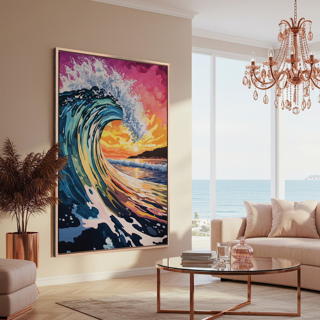 Framed Wall Art Canvas Print of a vibrant wave crashing at sunset. Coastal art in a modern, colorful style with blues, pinks, and oranges.