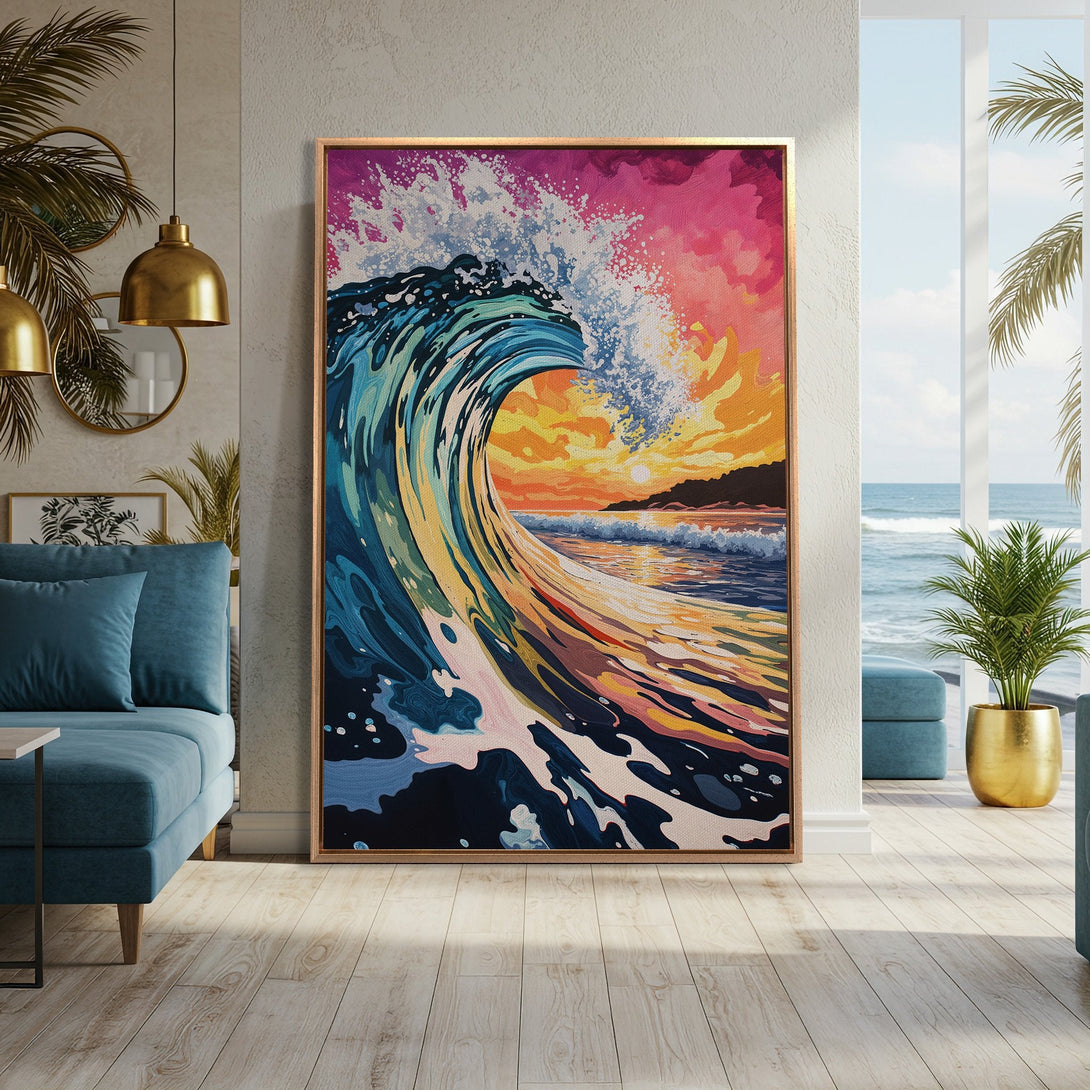 Framed Wall Art: Vibrant wave art in a coastal interior. Features a colorful sunset palette of blues, pinks, and oranges. Perfect for adding a pop of color!