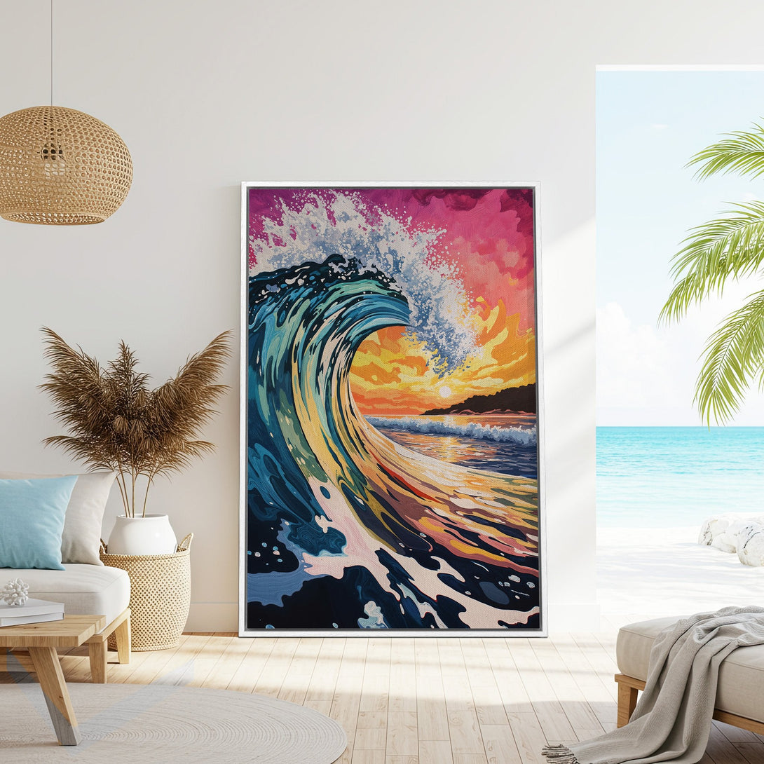 Framed Wall Art: Vibrant wave art in a coastal interior. Colorful canvas print with blues, pinks, and oranges. Perfect beach house decor.