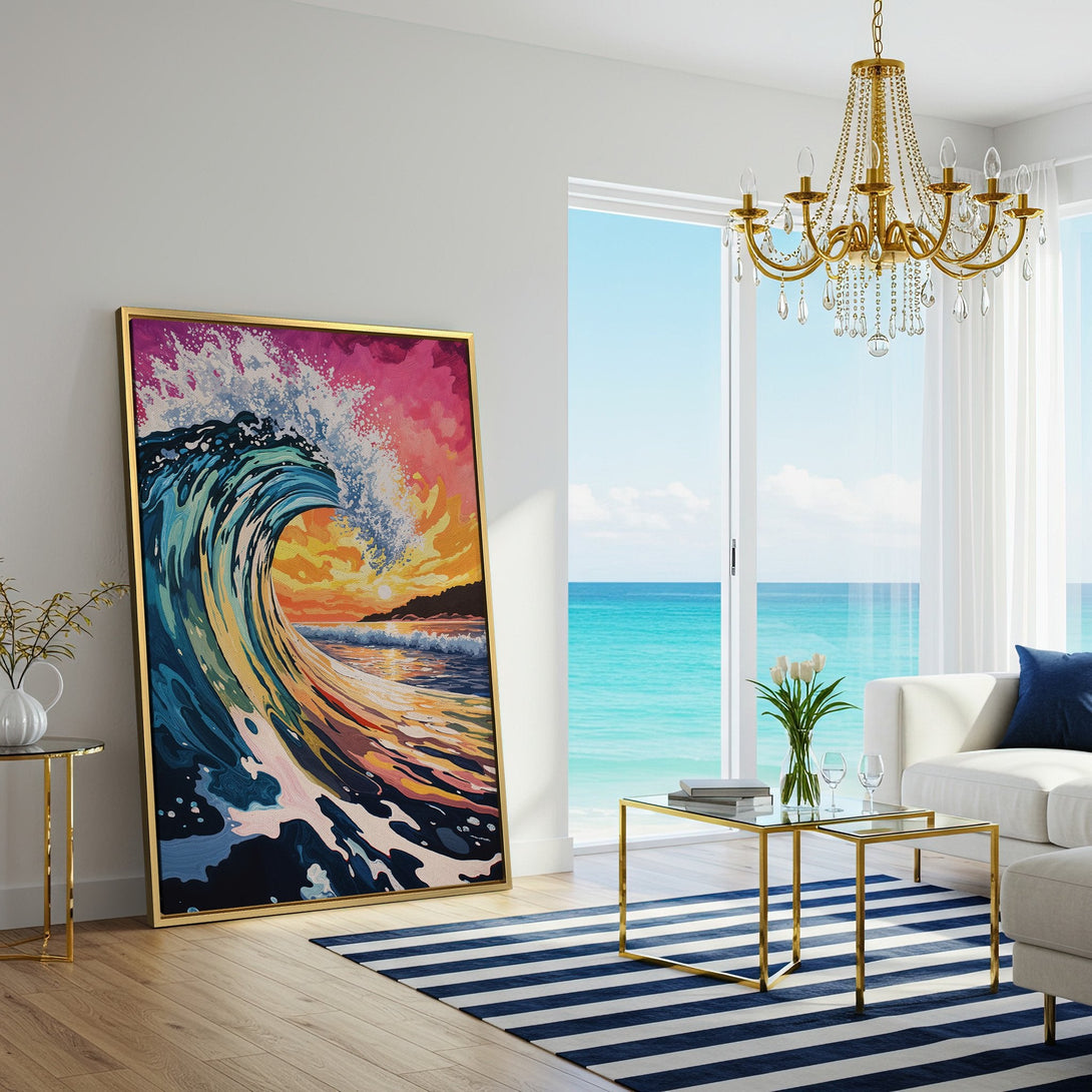 Canvas Print of a vibrant wave at sunset, featuring a colorful palette of blues, oranges, and pinks. Perfect coastal wall art!