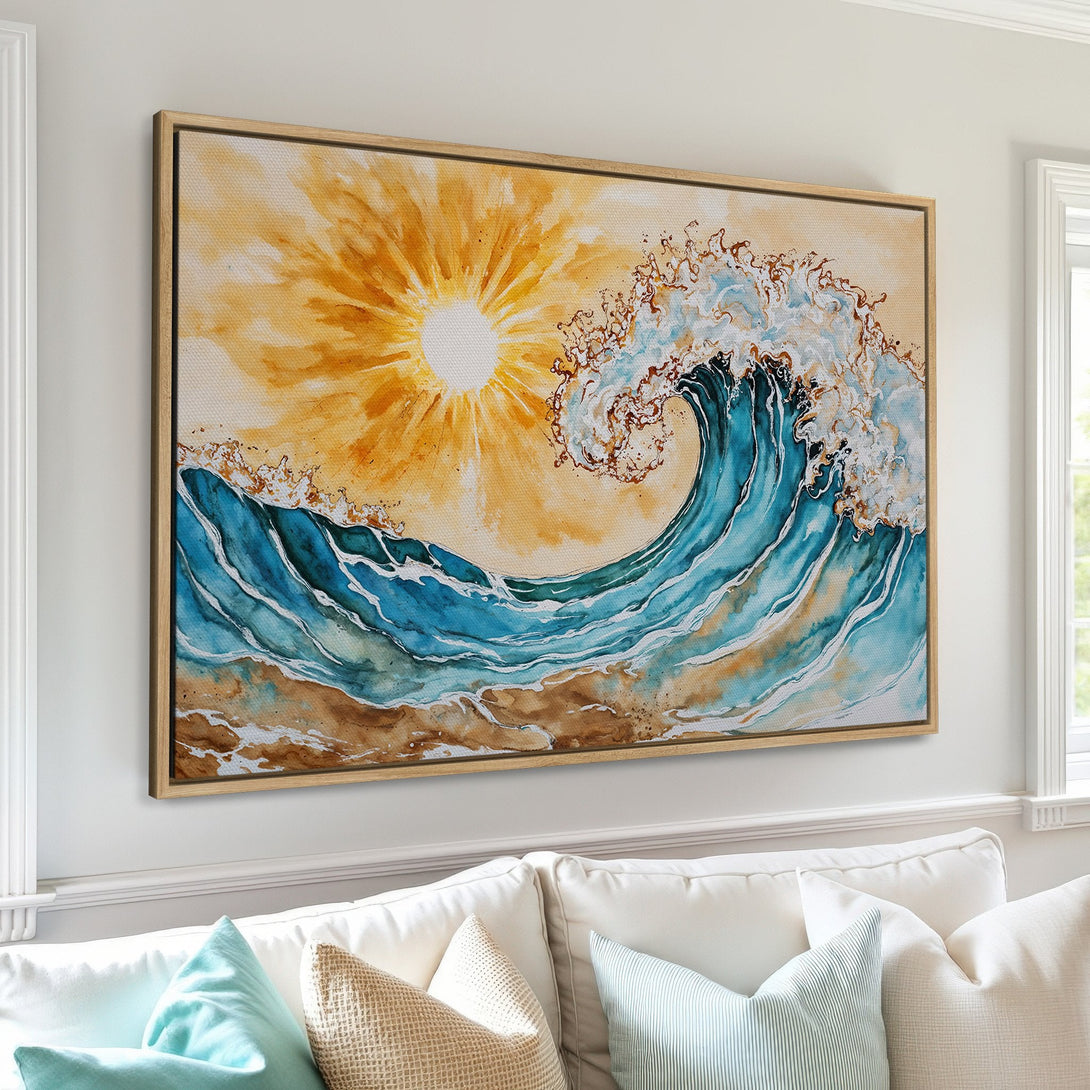 Framed Wall Art: Watercolor wave art in blue, gold, and brown. Coastal style Canvas Print perfect for adding a touch of the ocean to your home.
