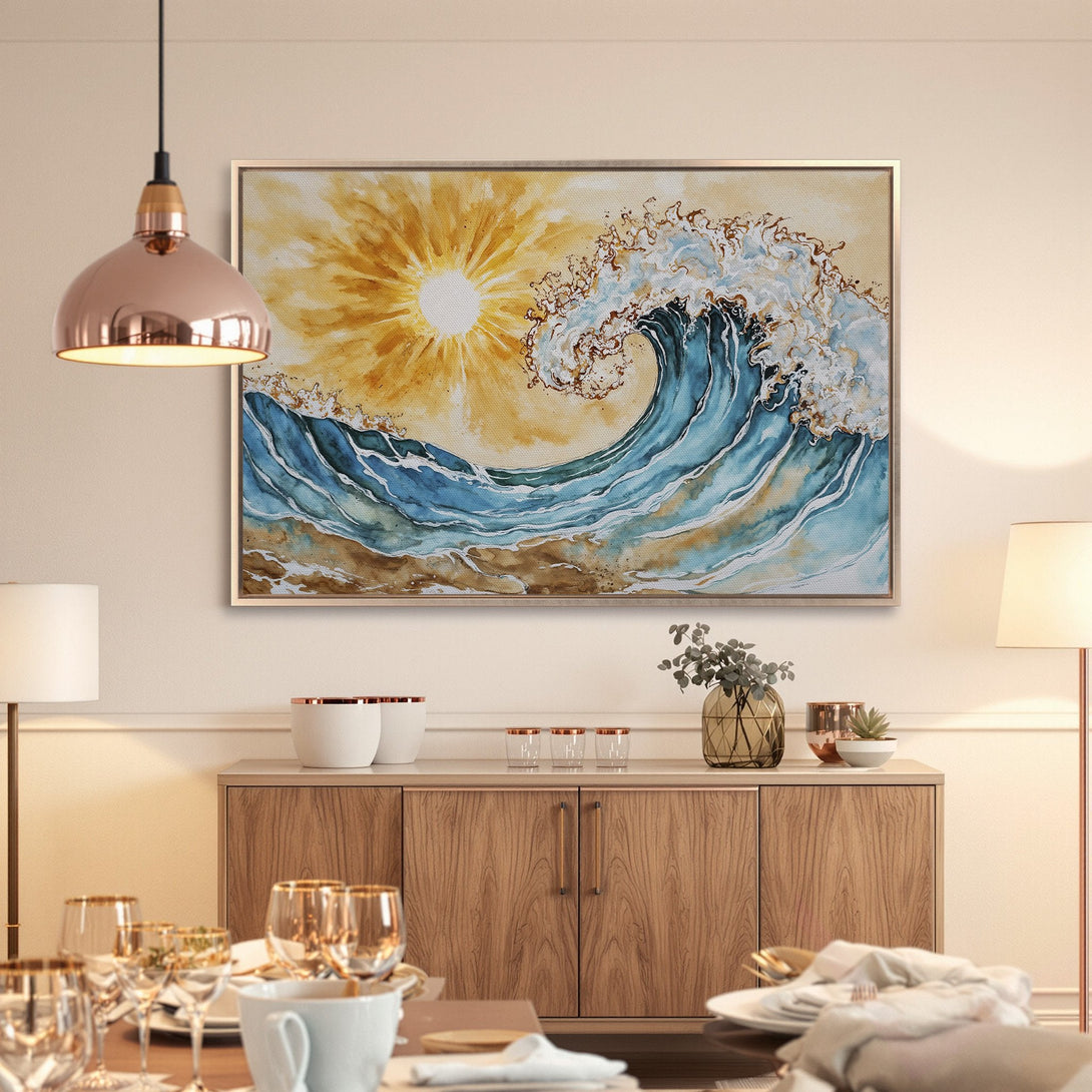 Framed Wall Art: Watercolor wave art in blue and gold. Coastal decor for a serene home. Shop our Canvas Print collection!