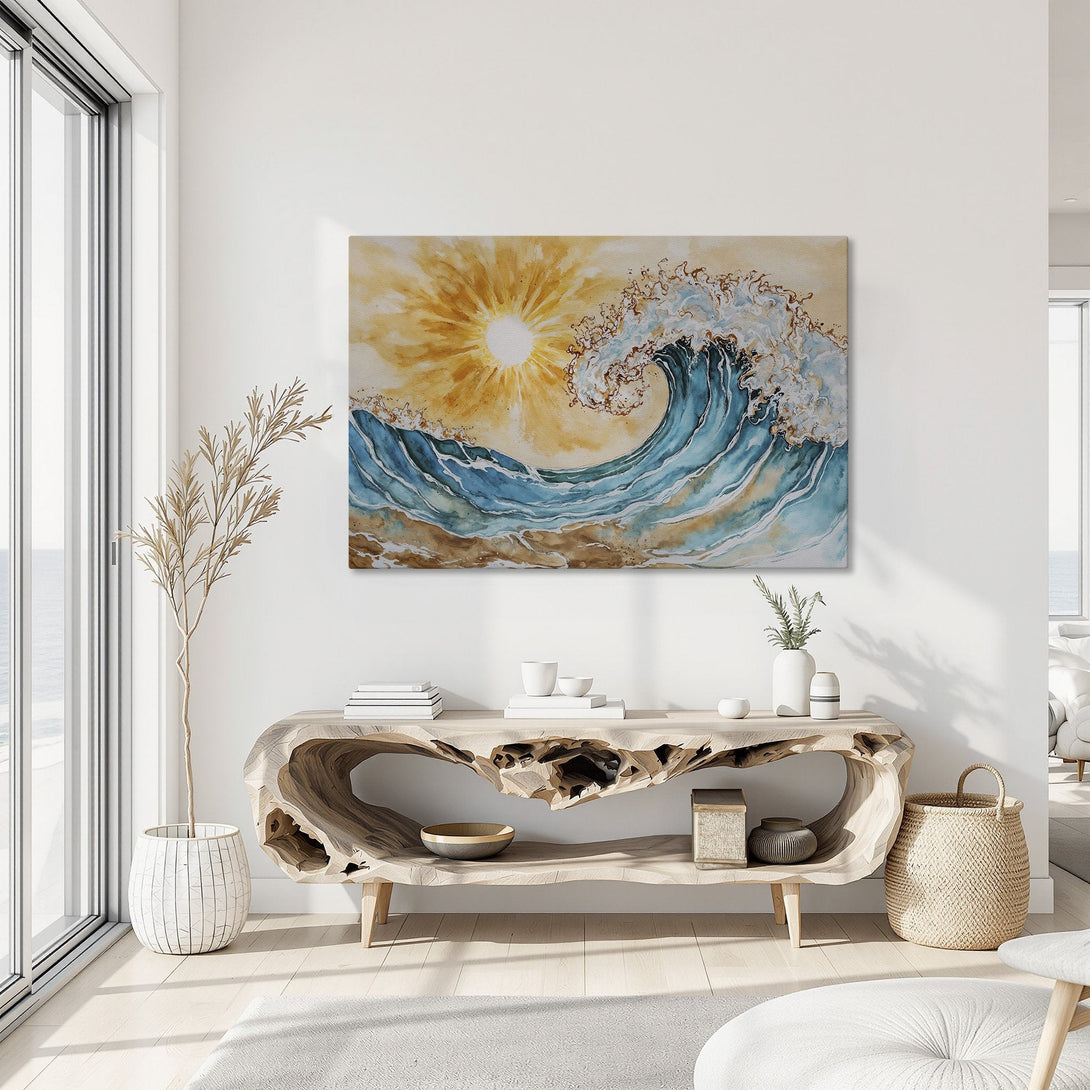 Framed Wall Art: Watercolor wave art with a golden frame. Coastal decor featuring blue, teal, and gold hues. Perfect for adding a touch of serenity to any space.