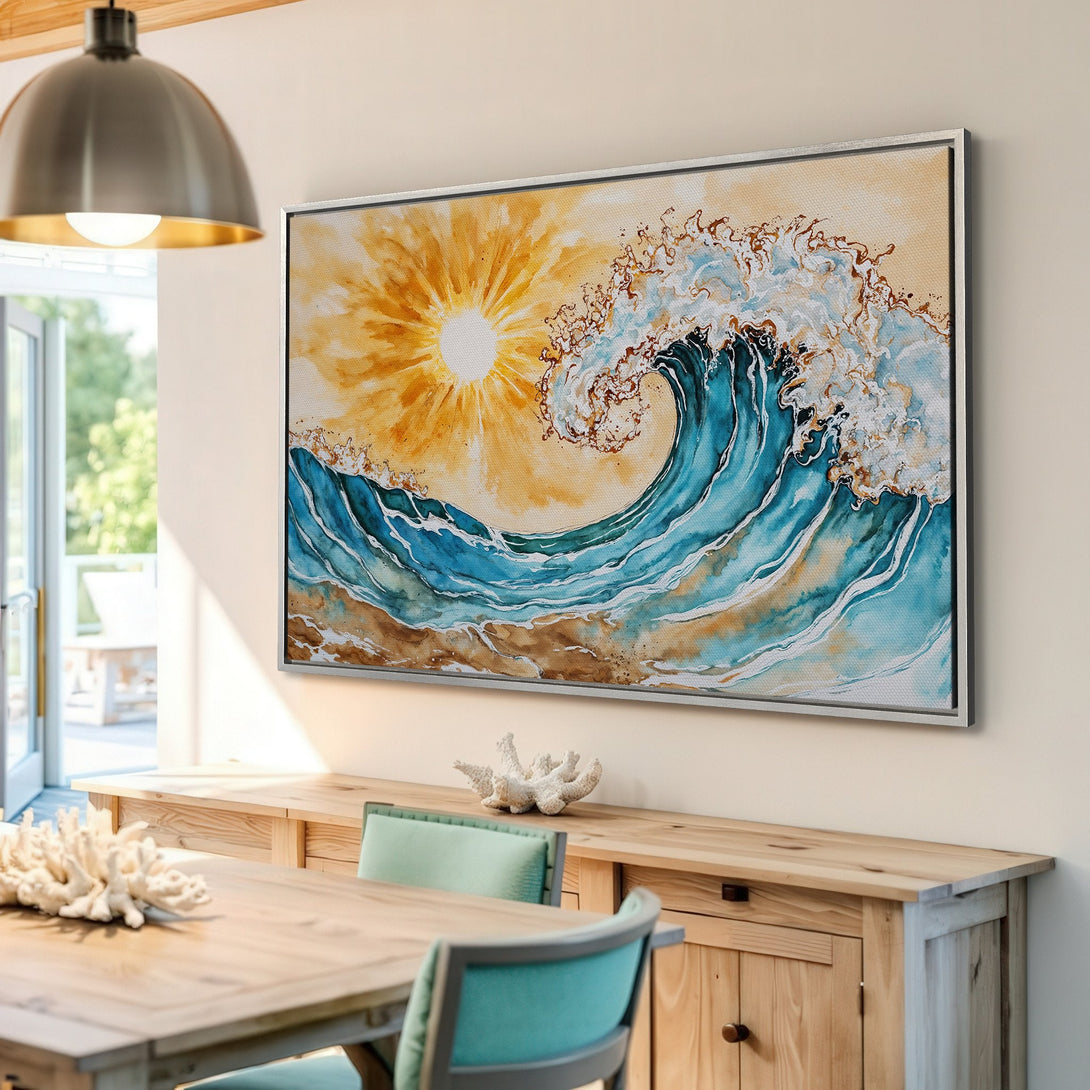 Framed Wall Art: Watercolor wave art in blue, gold, and tan. Coastal style Canvas Print adds a serene touch to any interior.