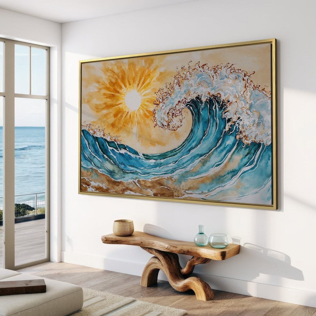 Canvas Print of a watercolor wave with sun, displayed in a bright, airy interior. Blue, gold, and beige color palette. Coastal wall art.