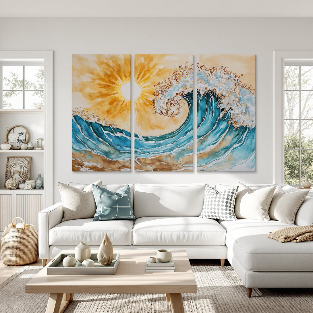 Canvas Print of a vibrant ocean wave in watercolor style, with a warm yellow and blue color palette, perfect for coastal decor.