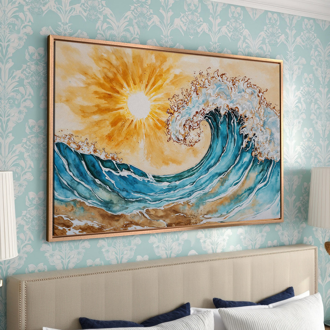 Framed Wall Art: Watercolor wave art with a warm yellow sun, ocean blues, and sandy browns. Coastal style canvas print for a serene bedroom.