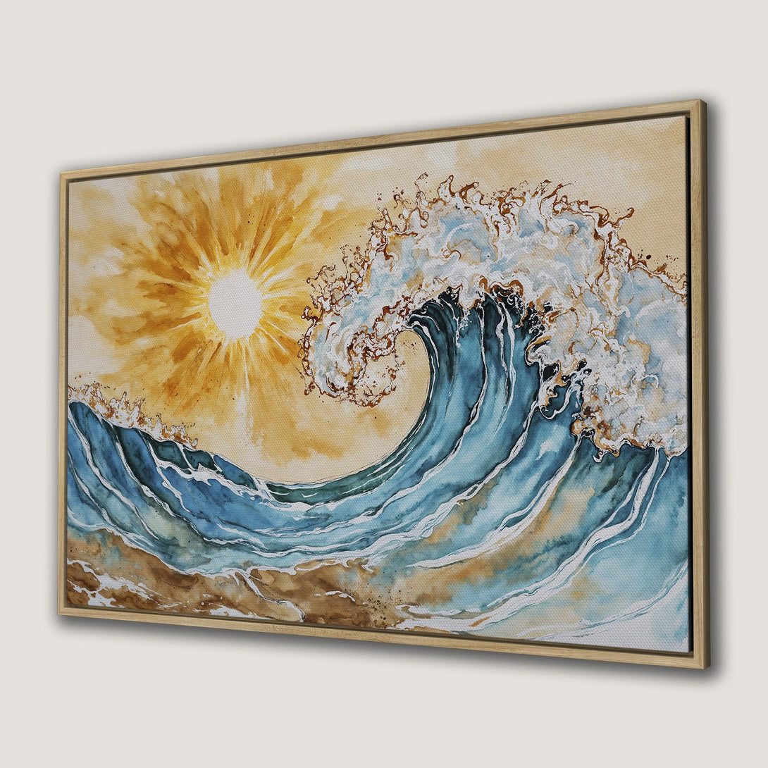 Canvas Print of a watercolor wave with sun, featuring blue, gold, and brown hues. Coastal wall art for a serene home.