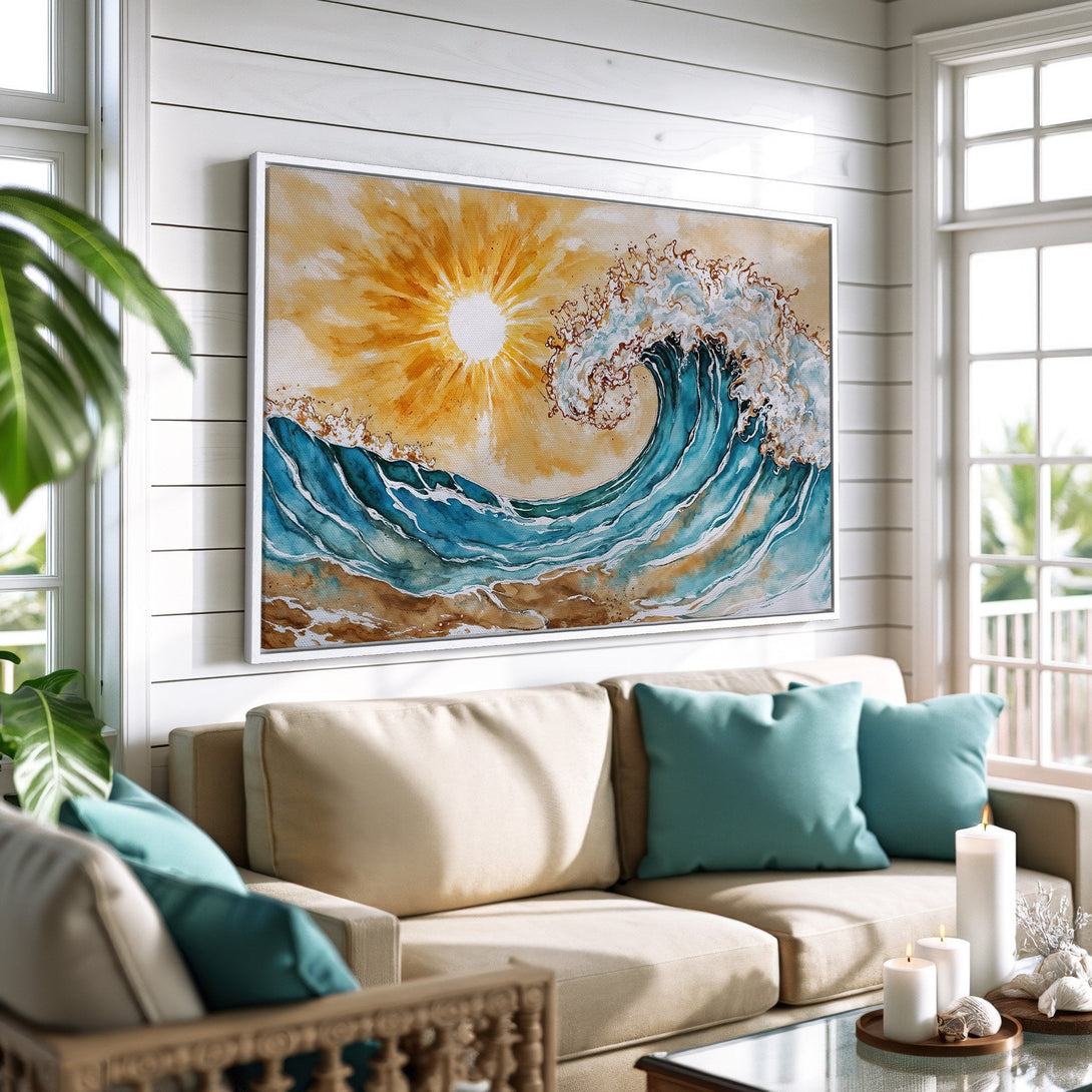 Framed Wall Art Canvas Print of a watercolor wave with a sun, in blue, gold, and brown tones. Coastal home decor inspiration.