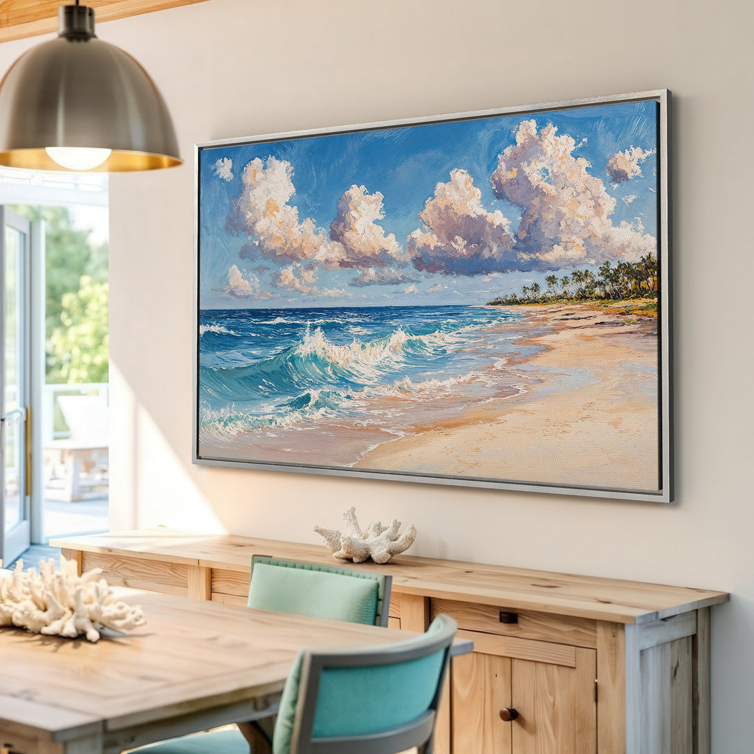 Framed Wall Art: Coastal landscape Canvas Print with ocean waves, blue sky, and beach. Perfect for adding a touch of serenity to any room.