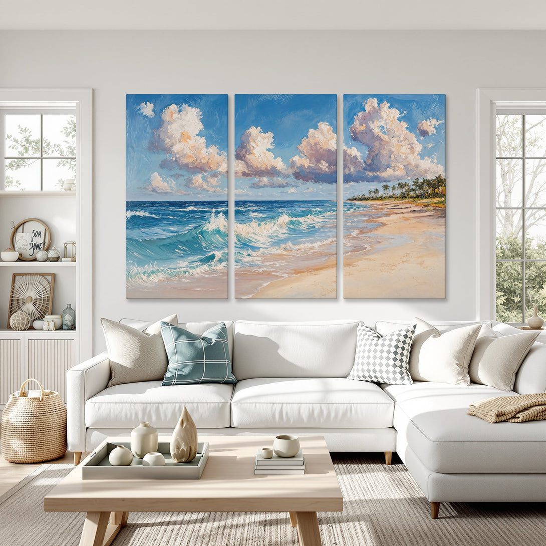 Canvas Print of a serene beach scene with blue, white, and beige hues. Coastal wall art adds a calming touch to any living space.
